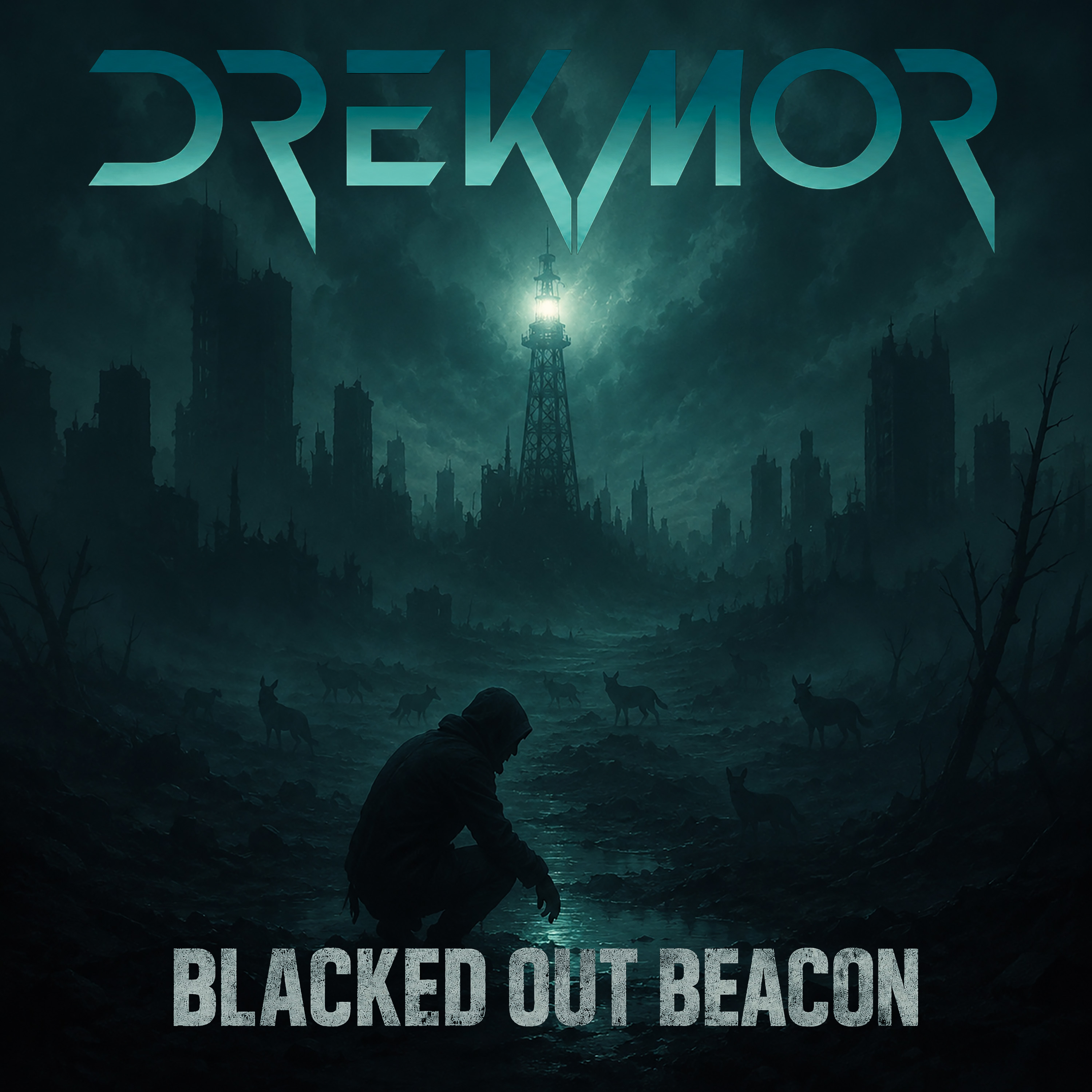 Blacked Out Beacon single artwork: a lone figure beneath a beacon in a ruined landscape